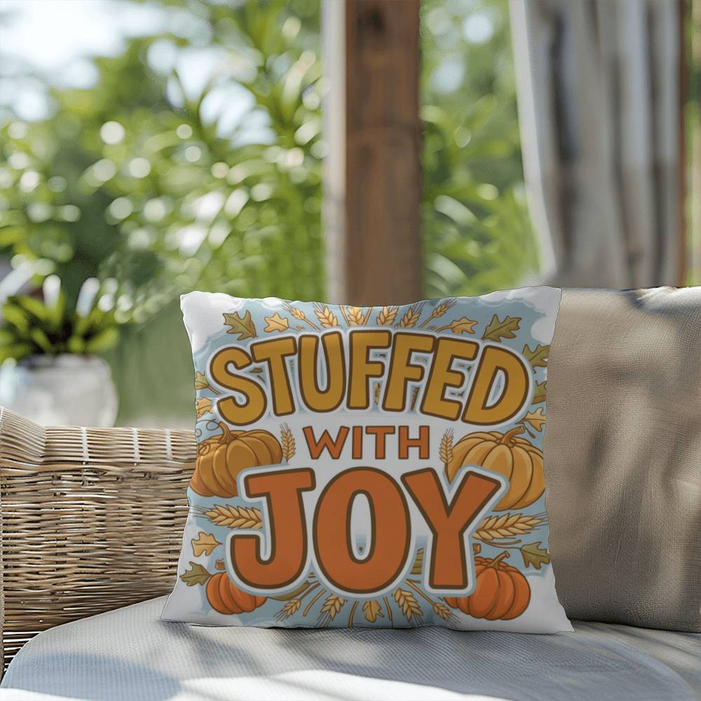 Stuffed With Joy pillow in autumn colors with mindful gratitude quote for cozy Thanksgiving décor
