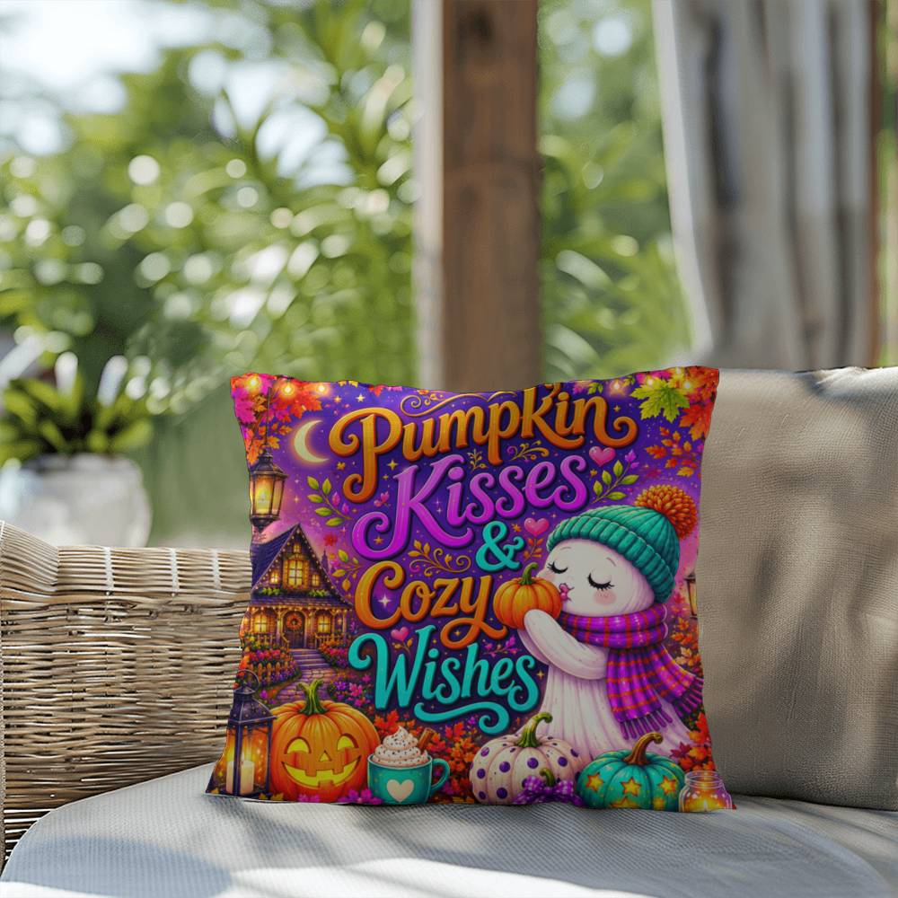 Pumpkin Kisses & Cozy Wishes saying with cute autumn artwork on a Halloween throw pillow