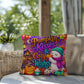 Pumpkin Kisses & Cozy Wishes saying with cute autumn artwork on a Halloween throw pillow