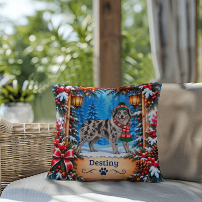 Australian Shepherd (Solid Blue Merle Coat) - Personalized Blue-Eyed Dog Pillow, Snowy Lodge Decor