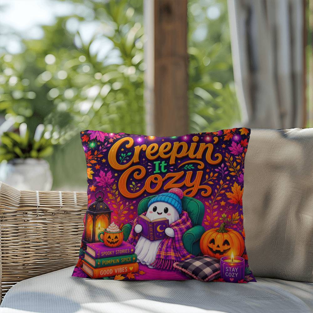 Creepin It Cozy Halloween Throw Pillow - Spooky Stories Pumpkin Spice Good Vibes