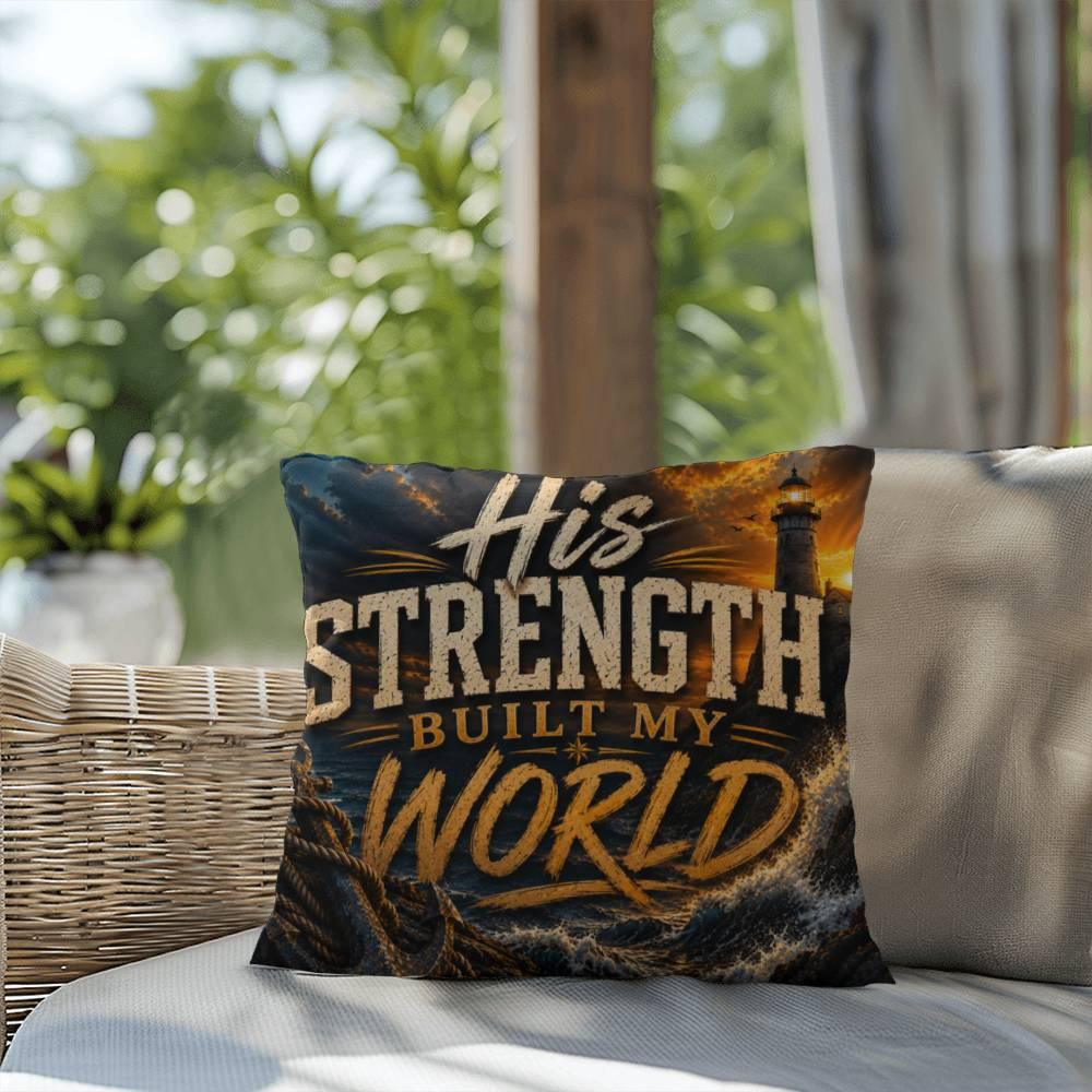 Shop our premium his strength built my world throw pillow from MySisterIsASurvivor.