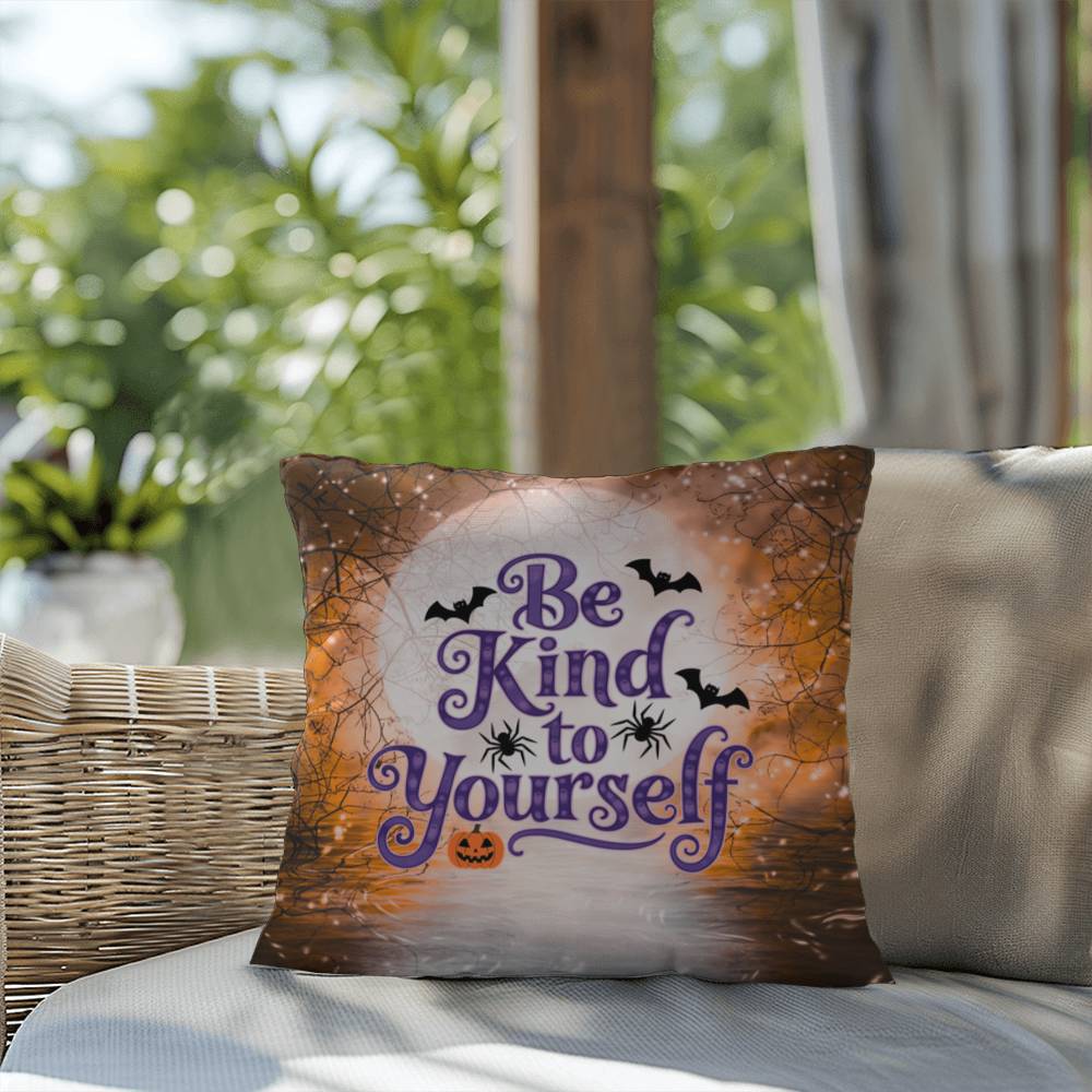 Inspirational Halloween indoor/outdoor pillow featuring “Be Kind To Yourself” for self-care and positivity