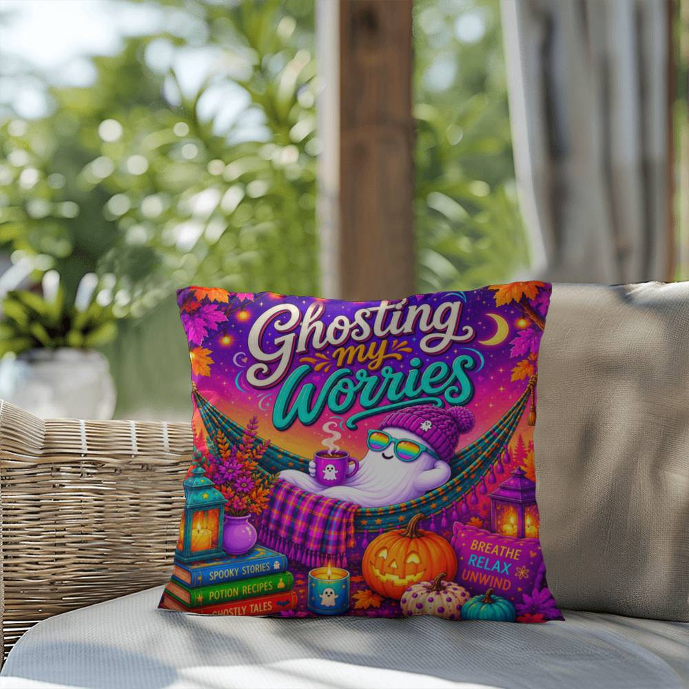 Ghosting My Worries Halloween Throw Pillow - Breathe Relax Unwind Ghost Pillow