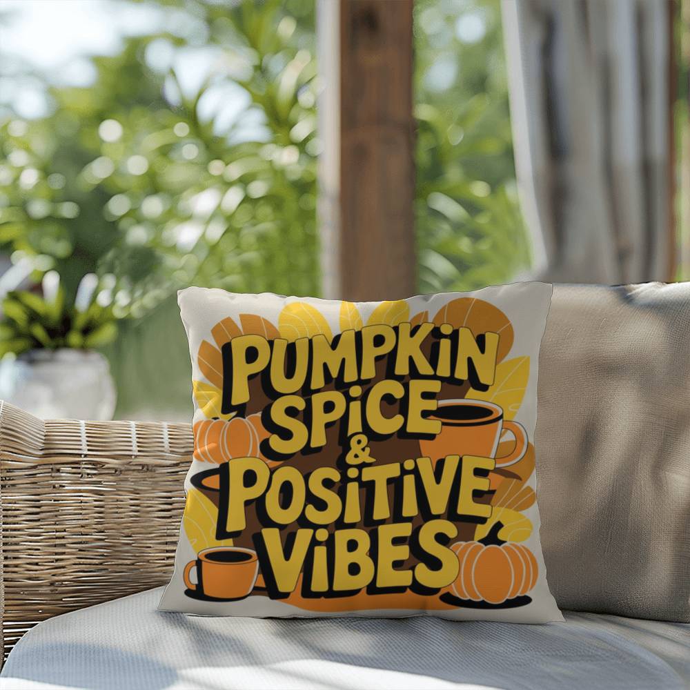 Pumpkin Spice & Positive Vibes pillow with autumn mindfulness message and cozy seasonal décor