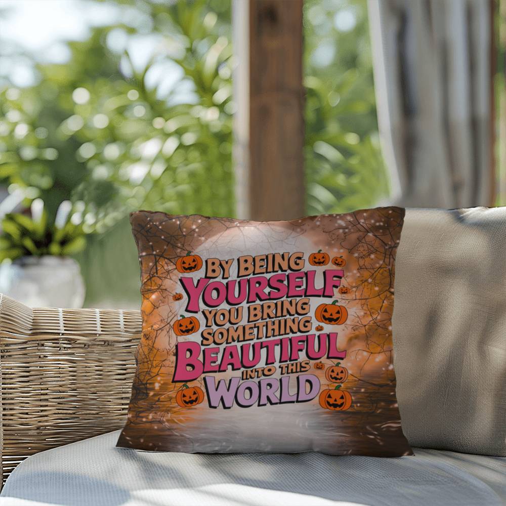 Inspirational indoor/outdoor throw pillow with “By Being Yourself” for mental health awareness