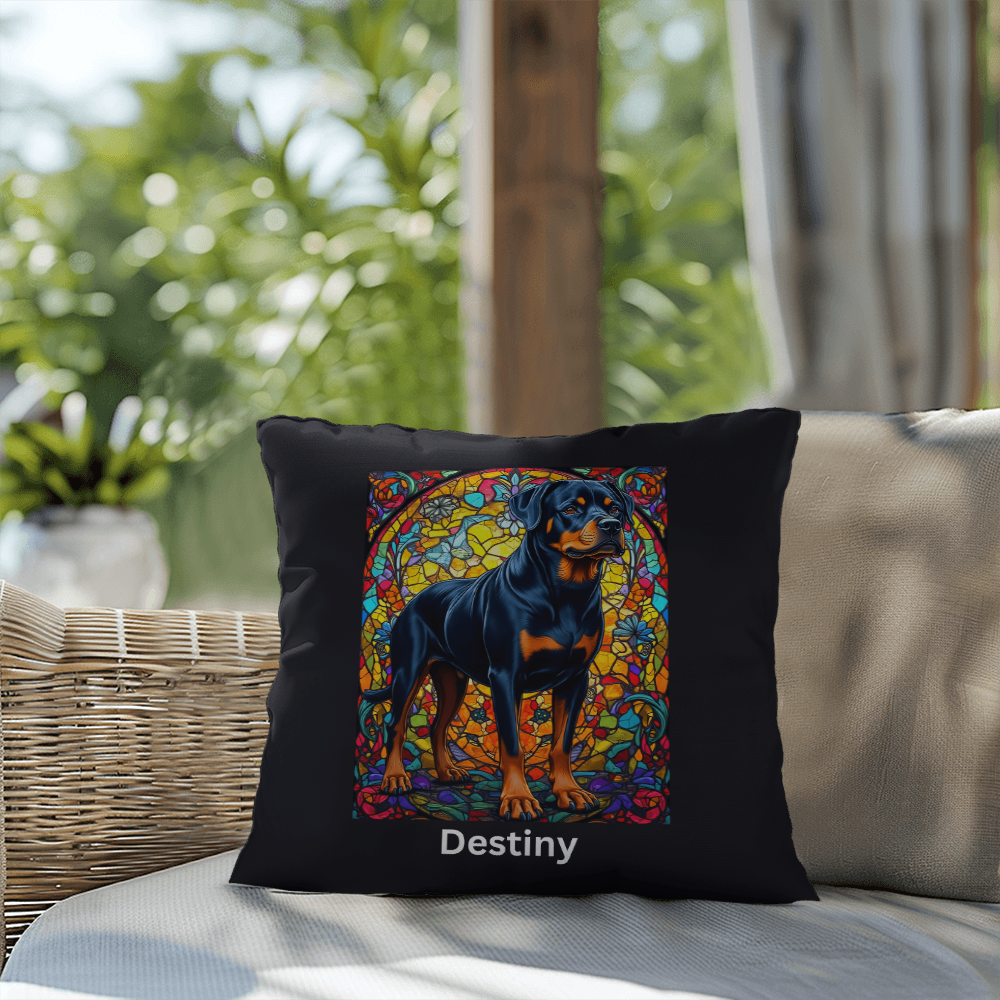 Rottweiler (Black and Rust) Indoor/Outdoor Pillow - Personalized Stained Glass Dog Tribute & Comfort Gift