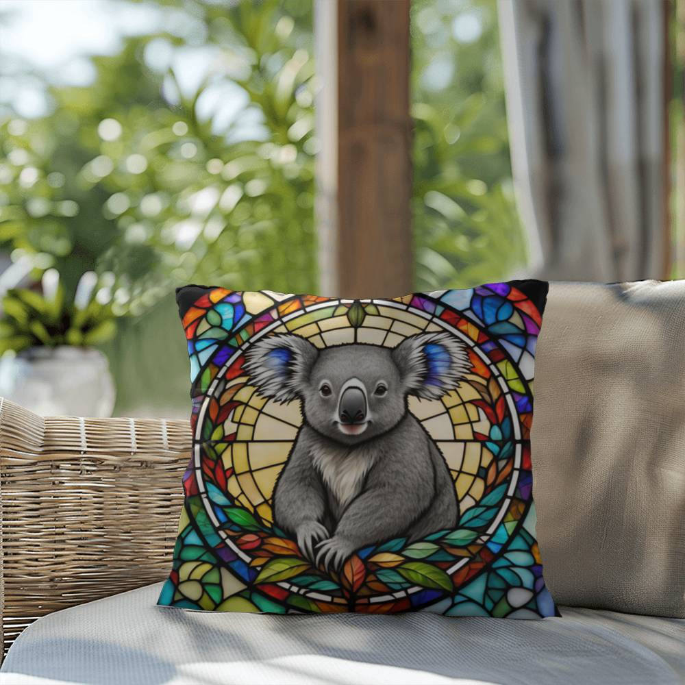 Koala stained glass throw pillow, Australian wildlife decor, indoor outdoor home accent