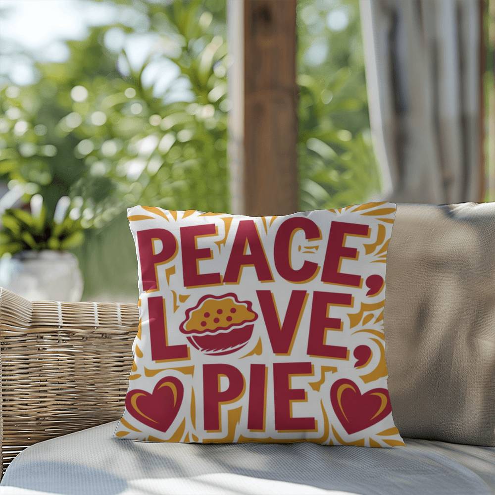 Peace, Love, Pie throw pillow with colorful fall design and mindfulness quote for seasonal comfort