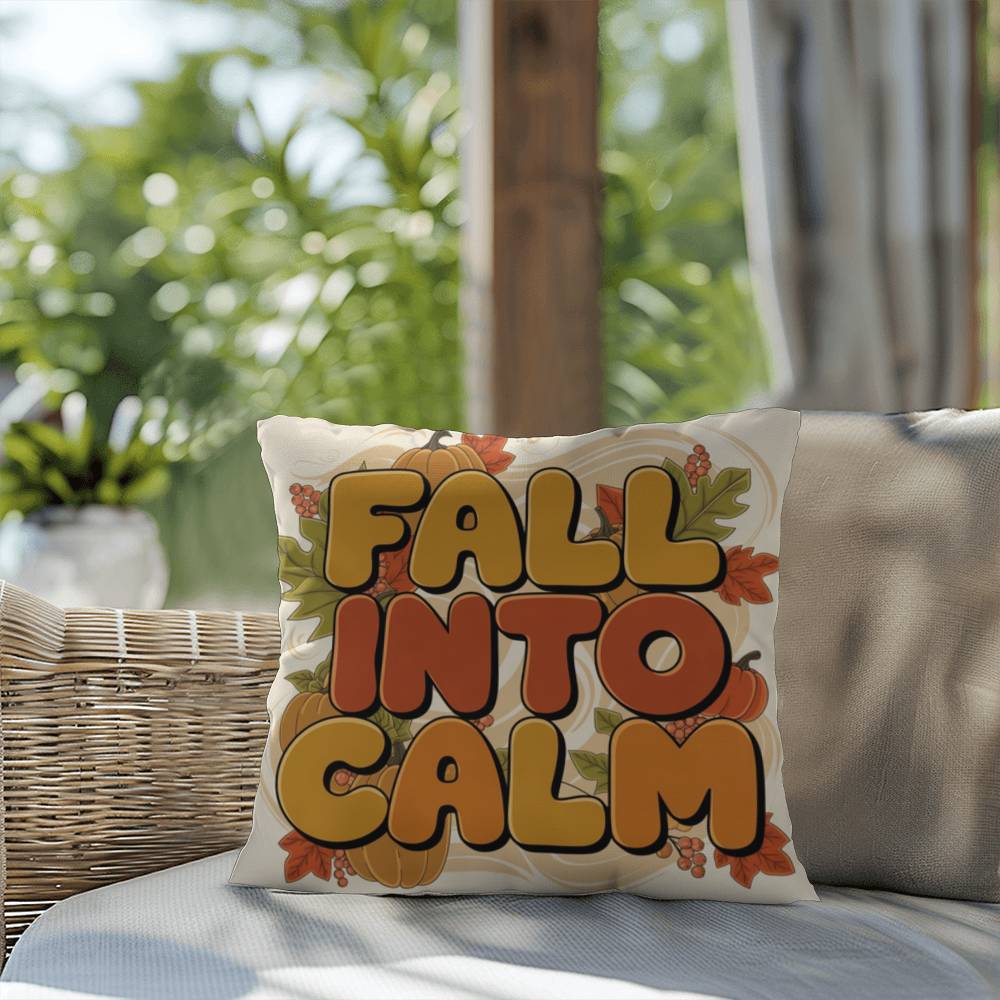 Fall Into Calm throw pillow with autumn gratitude quote, cozy seasonal comfort for Thanksgiving décor