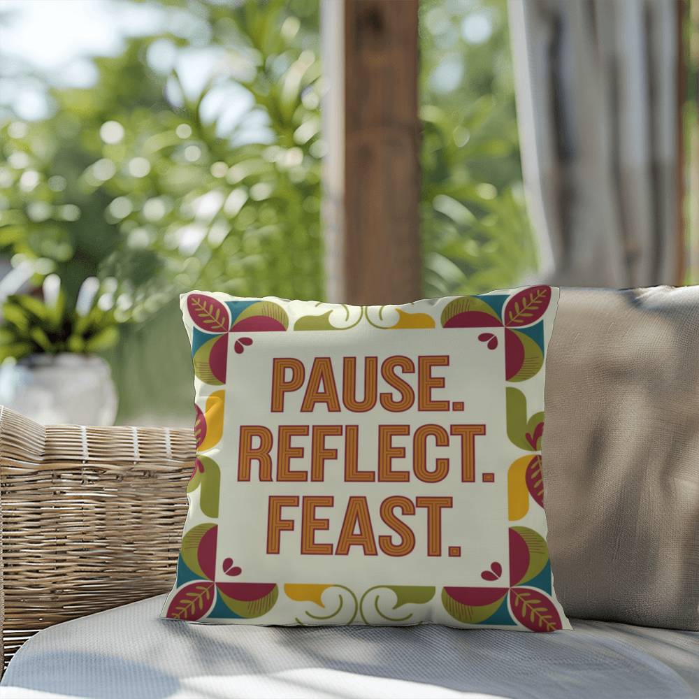 Pause. Reflect. Feast. pillow featuring Thanksgiving gratitude quote and cozy autumn home décor