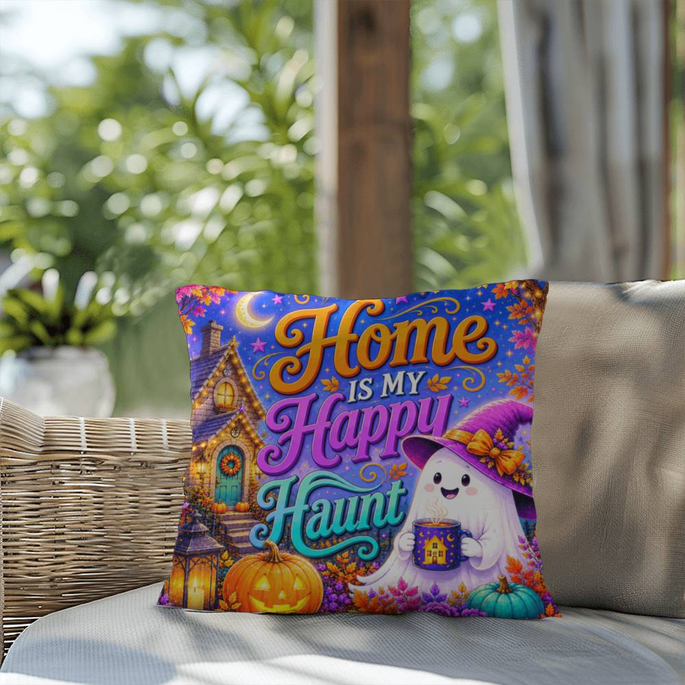 Home Is My Happy Haunt design with cozy ghost house artwork on a Halloween throw pillow