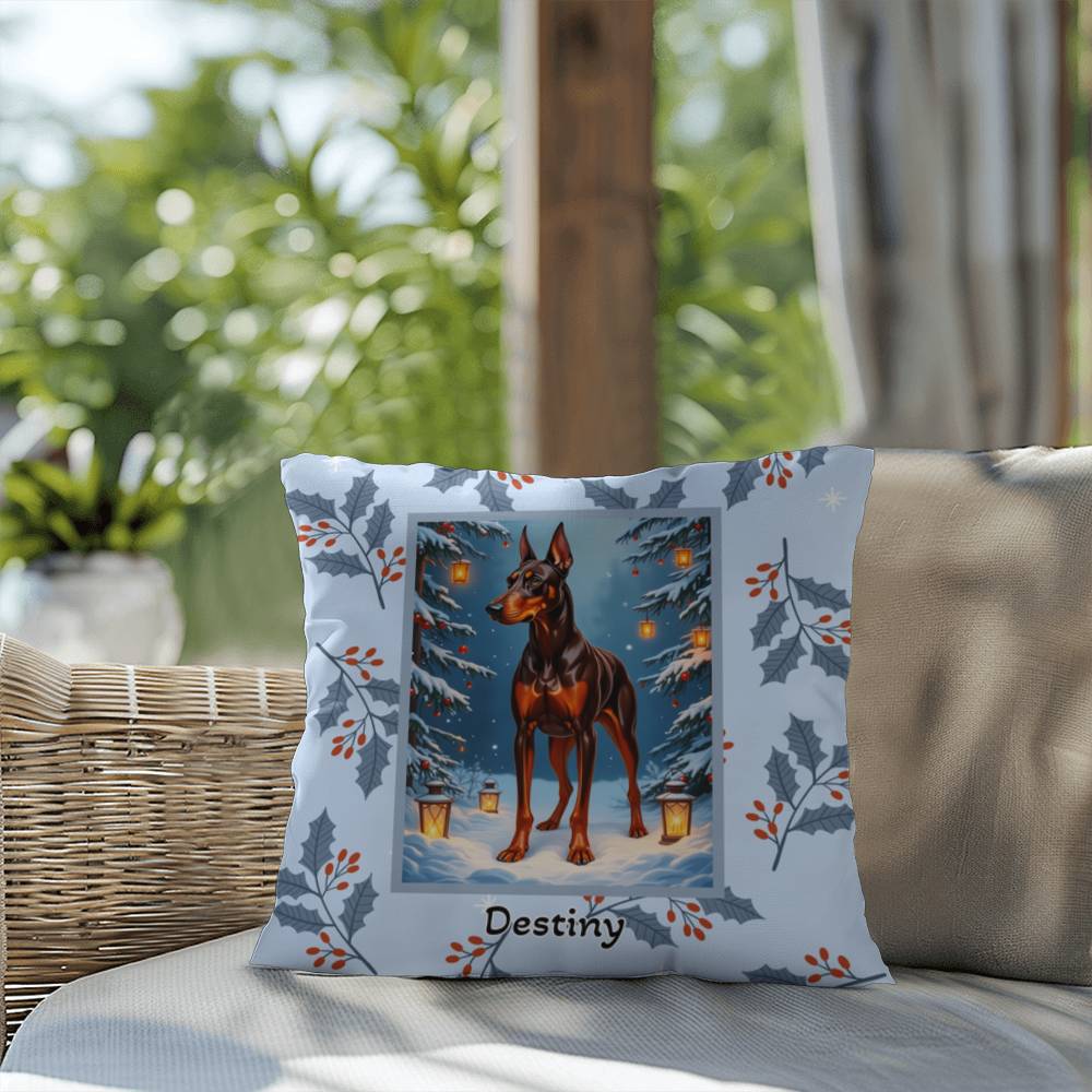 Doberman Red & Rust Pillow - Holiday Doberman throw pillow, festive winter dog decor, indoor cozy accent