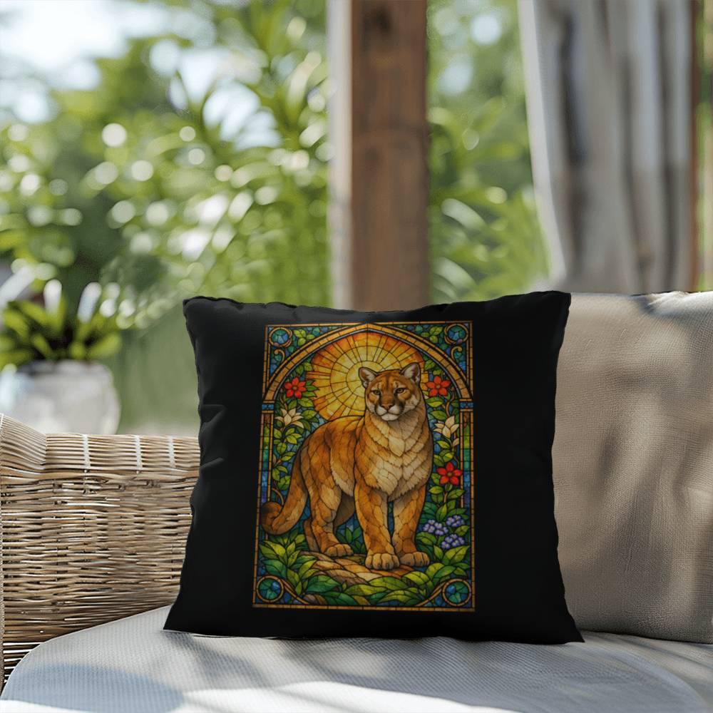 Shop our premium cougar mountain lion stained glass style throw pillow from MySisterIsASurvivor.