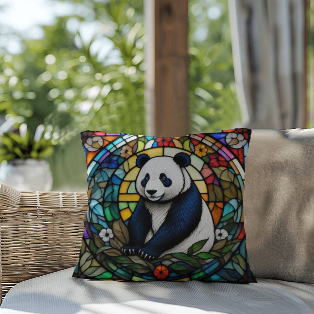 Panda stained glass throw pillow, wildlife animal decor, indoor outdoor cozy home accent
