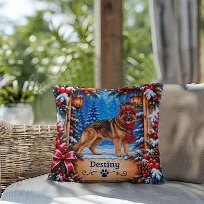 German Shepherd (Gold Sable Coat) - Personalized Cozy Lodge Pillow, Winter Dog Name Gift