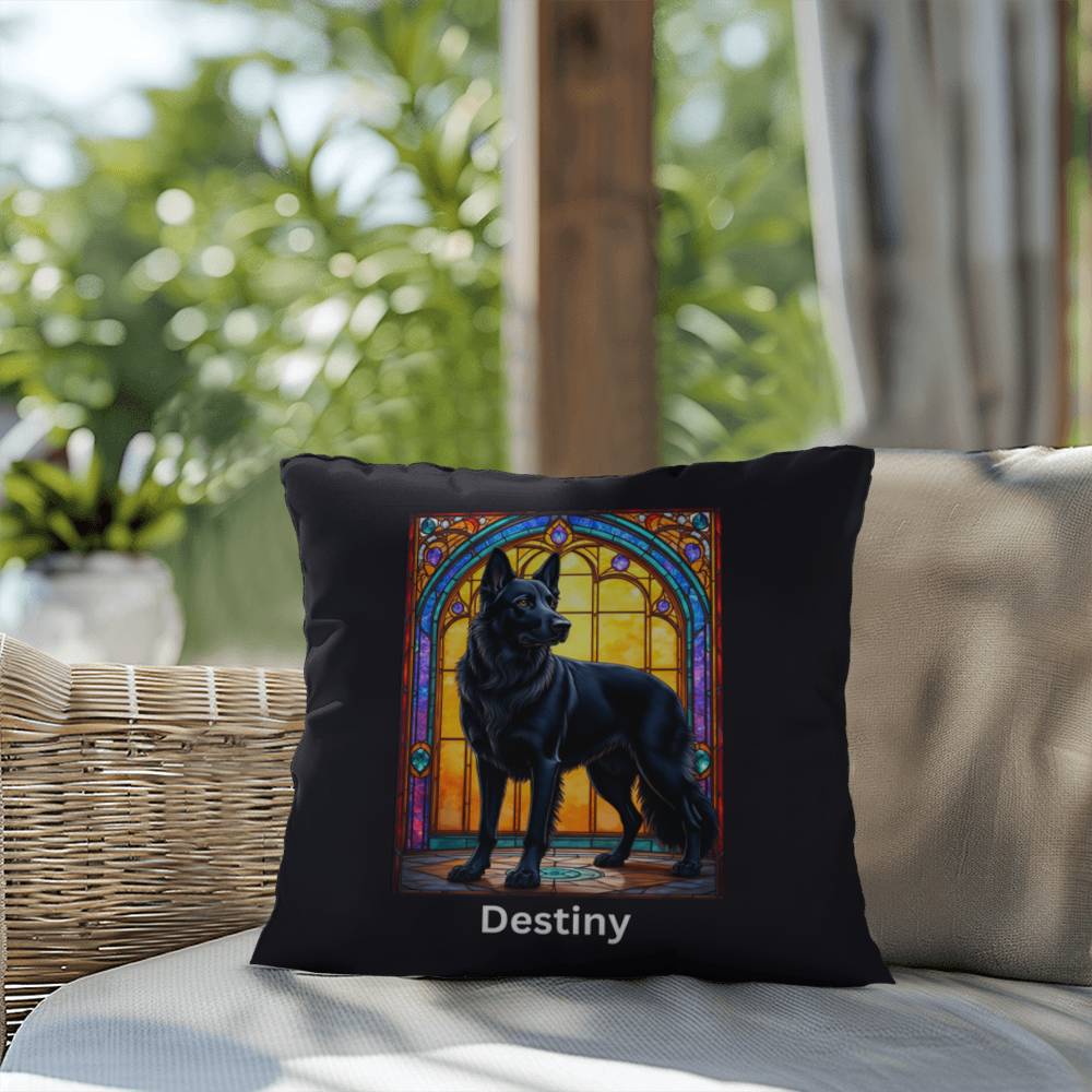 German Shepherd (Black) Indoor/Outdoor Pillow - Personalized Stained Glass Dog Tribute & Comfort Gift