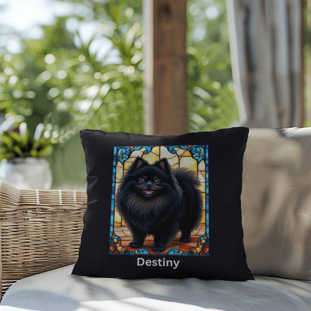 Pomeranian (Black) Indoor/Outdoor Pillow - Personalized Stained Glass Dog Tribute & Comfort Gift