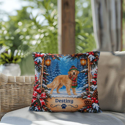 Golden Retriever (Light Golden Coat) - Personalized Snowy Woodland Pillow, Custom Dog Name Gift