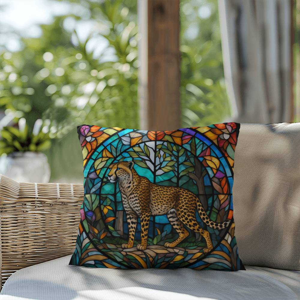 Cheetah stained glass throw pillow, indoor outdoor animal print decor, safari home accent cushion