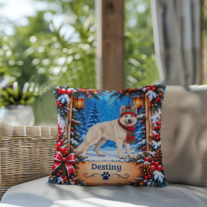 German Shepherd (White Coat) - Personalized Snowy Woodland Pillow, Winter Gift for Dog Lovers