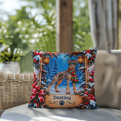 Doberman (Blue Fawn Isabella Coat) - Personalized Dog Name Pillow, Snowy Cabin Decor