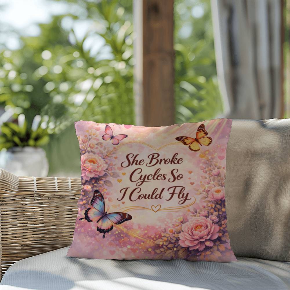 Shop our premium she broke cycles so i could fly throw pillow from MySisterIsASurvivor.