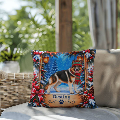 German Shepherd (Panda Piebald) - Personalized Winter Throw Pillow, Custom Name Gift for Dog Lovers
