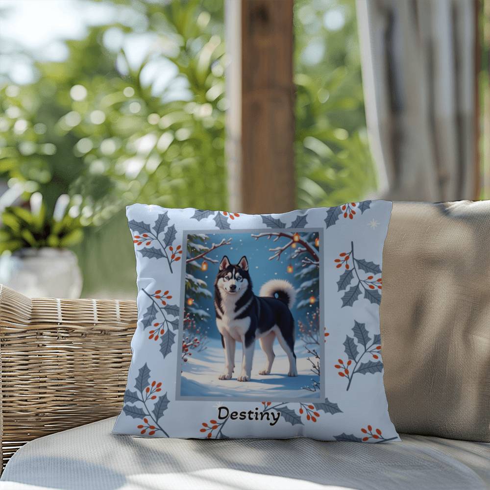 Husky Black & White Pillow - Snow dog winter throw pillow, indoor/outdoor Husky accent, holiday decor