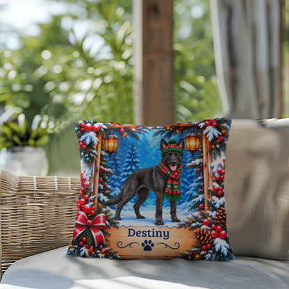 Belgian Malinois (Black Coat) - Personalized Snowy Forest Pillow, Indoor Outdoor Dog Name Gift
