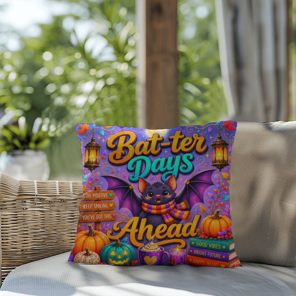 Bat-ter Days Ahead quote with cheerful bat artwork on a colorful Halloween throw pillow with uplifting fall vibes