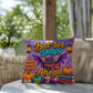 Bat-ter Days Ahead quote with cheerful bat artwork on a colorful Halloween throw pillow with uplifting fall vibes