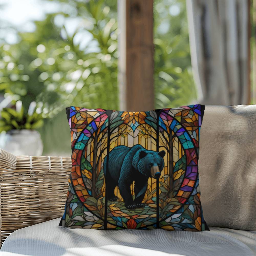 Bear stained glass throw pillow, indoor outdoor wildlife decor, cozy home accent for animal lovers
