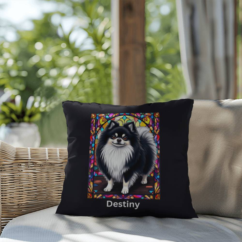 Pomeranian (Black and White) Indoor/Outdoor Pillow - Personalized Stained Glass Dog Tribute & Comfort Gift