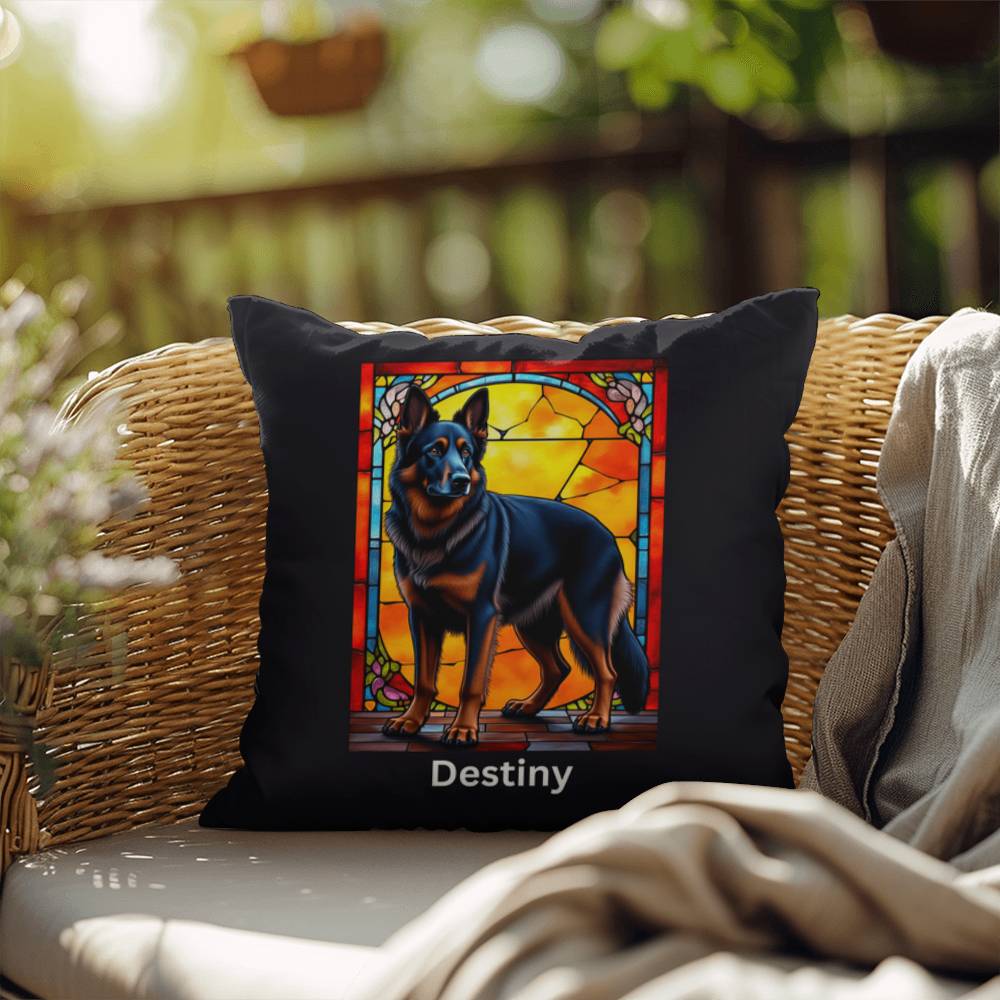 German Shepherd (Black and Red) Indoor/Outdoor Pillow - Personalized Stained Glass Dog Tribute & Comfort Gift