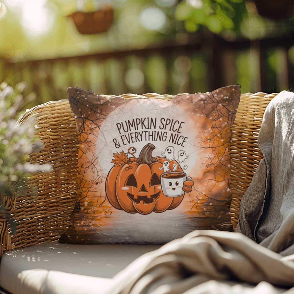 Halloween indoor/outdoor throw pillow with pumpkin spice theme for cozy fall décor