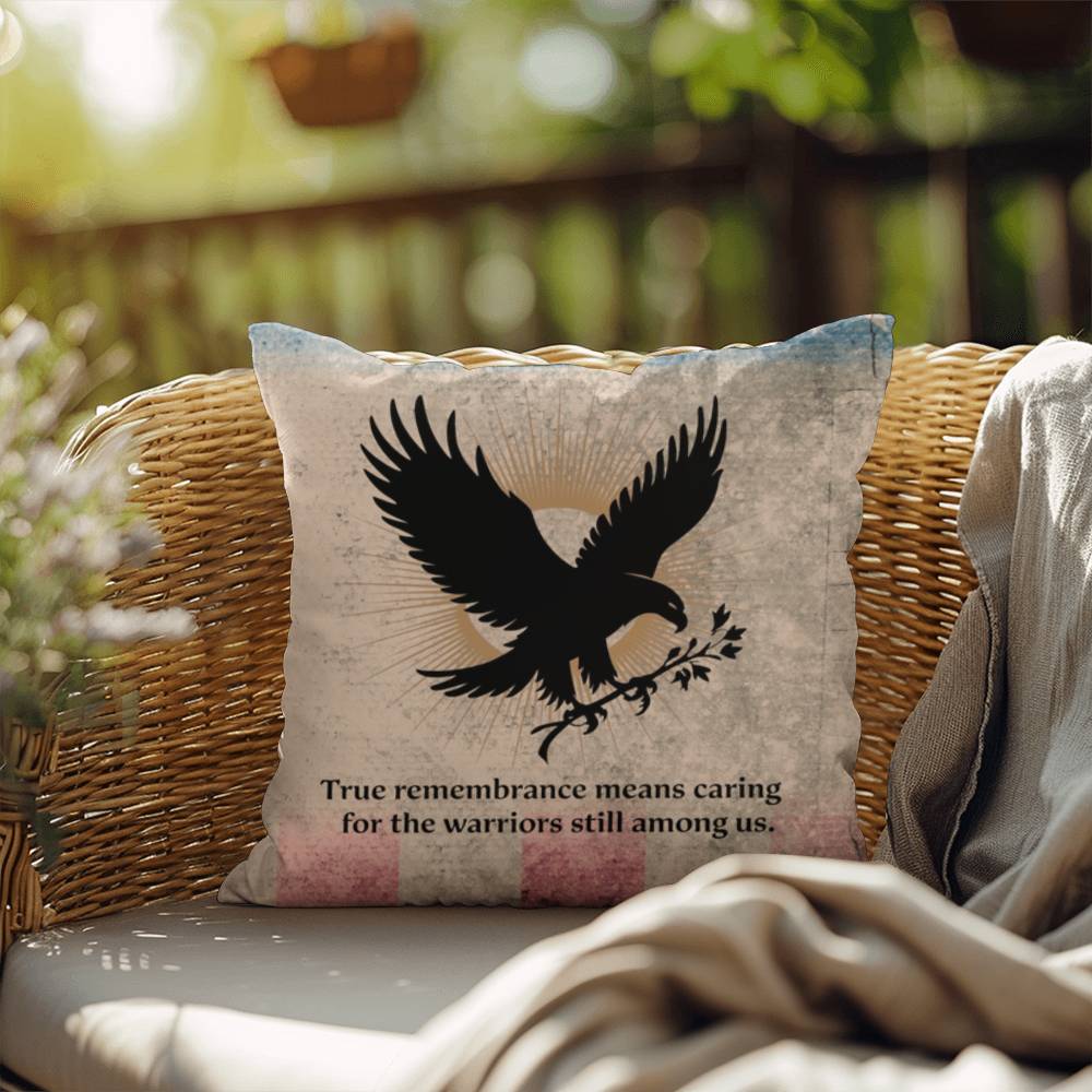 True Remembrance Means Caring Indoor/Outdoor Pillow: Resilient Comfort - Mental Health & Memorial Tribute