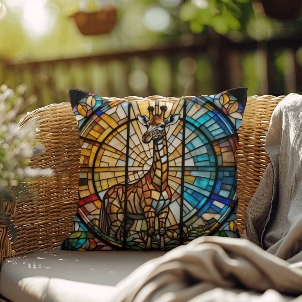 Giraffe stained glass throw pillow, jungle animal wildlife decor, indoor outdoor home accent