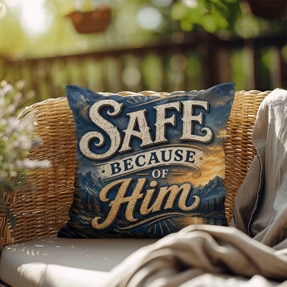Shop our premium safe because of him throw pillow from MySisterIsASurvivor.