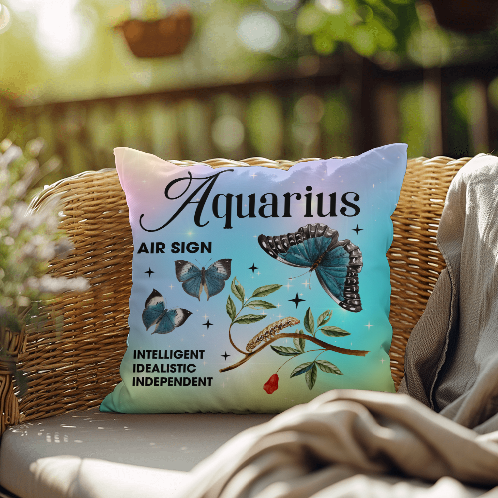 Aquarius Butterfly Indoor/Outdoor Pillow – Zodiac Astrology Decor, Boho Accent for Home & Patio