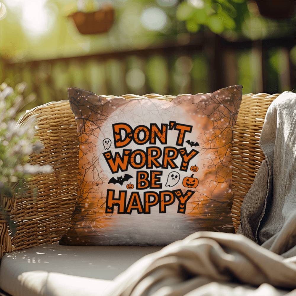 Skeleton-themed Halloween indoor/outdoor pillow with “Don’t Worry Be Happy” for mental health encouragement