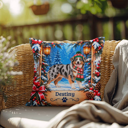 Australian Shepherd (Blue Merle Tri Coat) - Personalized Blue-Eyed Aussie Pillow, Winter Dog Gift