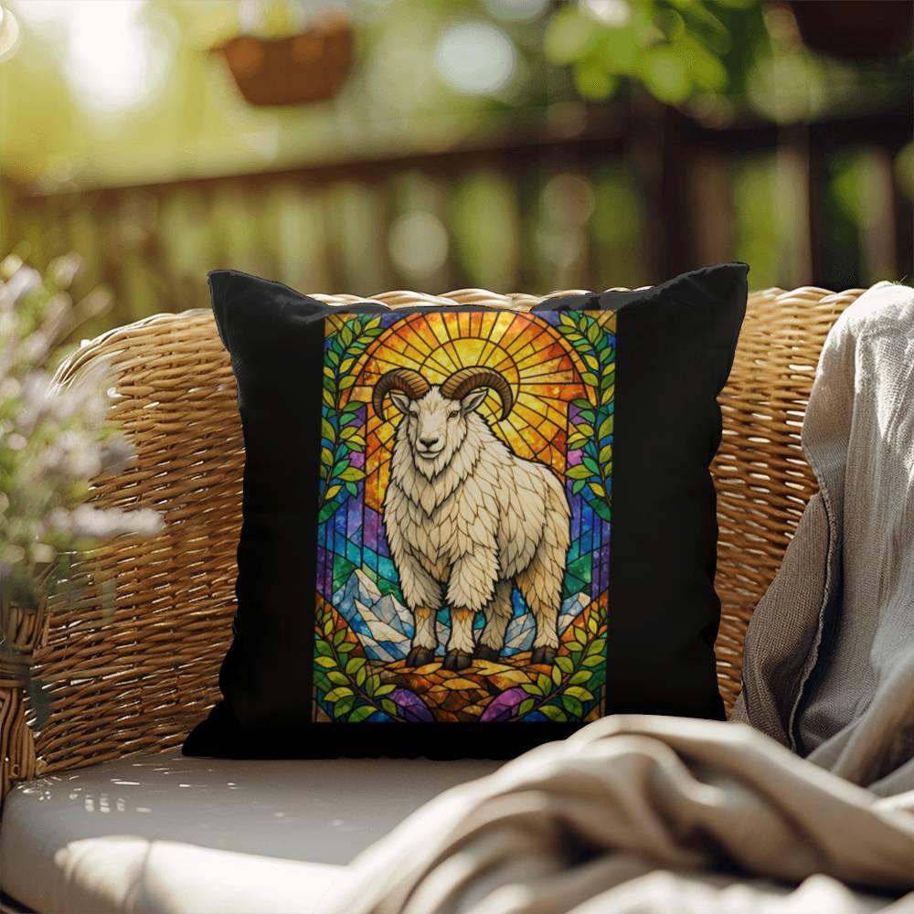 Shop our premium mountain goat stained glass style throw pillow from MySisterIsASurvivor.
