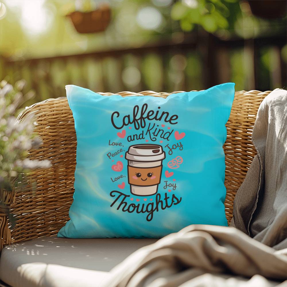 Caffeine And Kind Thoughts Indoor/Outdoor Pillow -Mental Health Support, Self-Care Decor, Anxiety Relief Throw Cushion