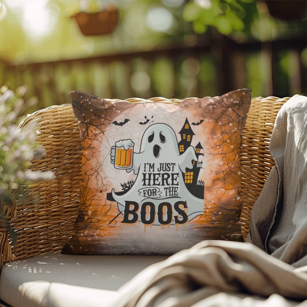 Ghost-themed indoor/outdoor Halloween pillow with “I’m Just Here For The Boos” for fun décor