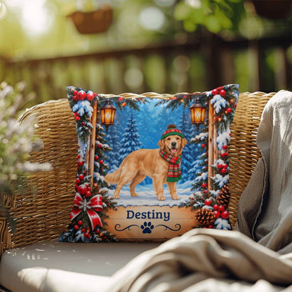 Golden Retriever (Light Golden Coat) - Personalized Snowy Woodland Pillow, Custom Dog Name Gift