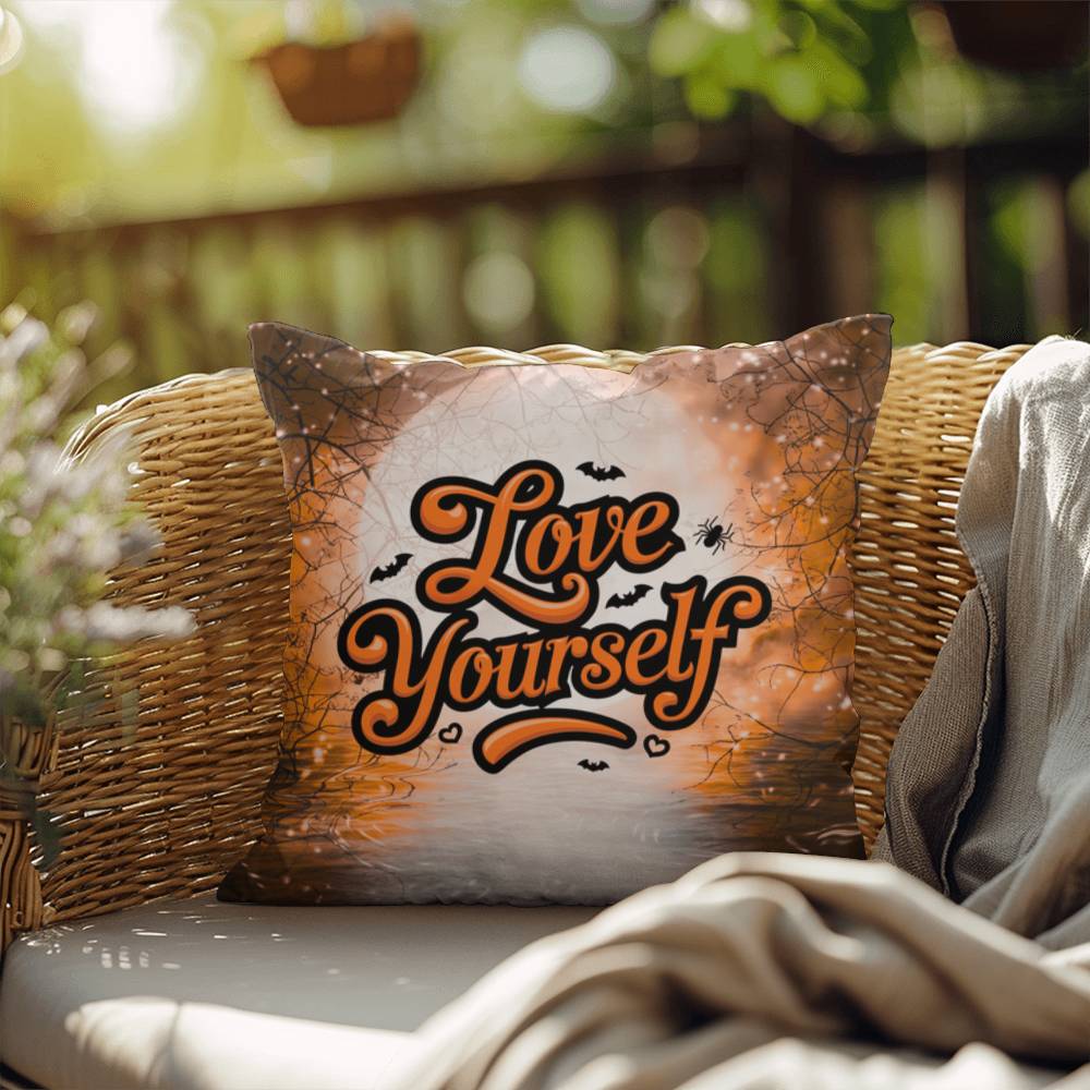 Halloween indoor/outdoor pillow with “Love Yourself” for mental health and self-love décor