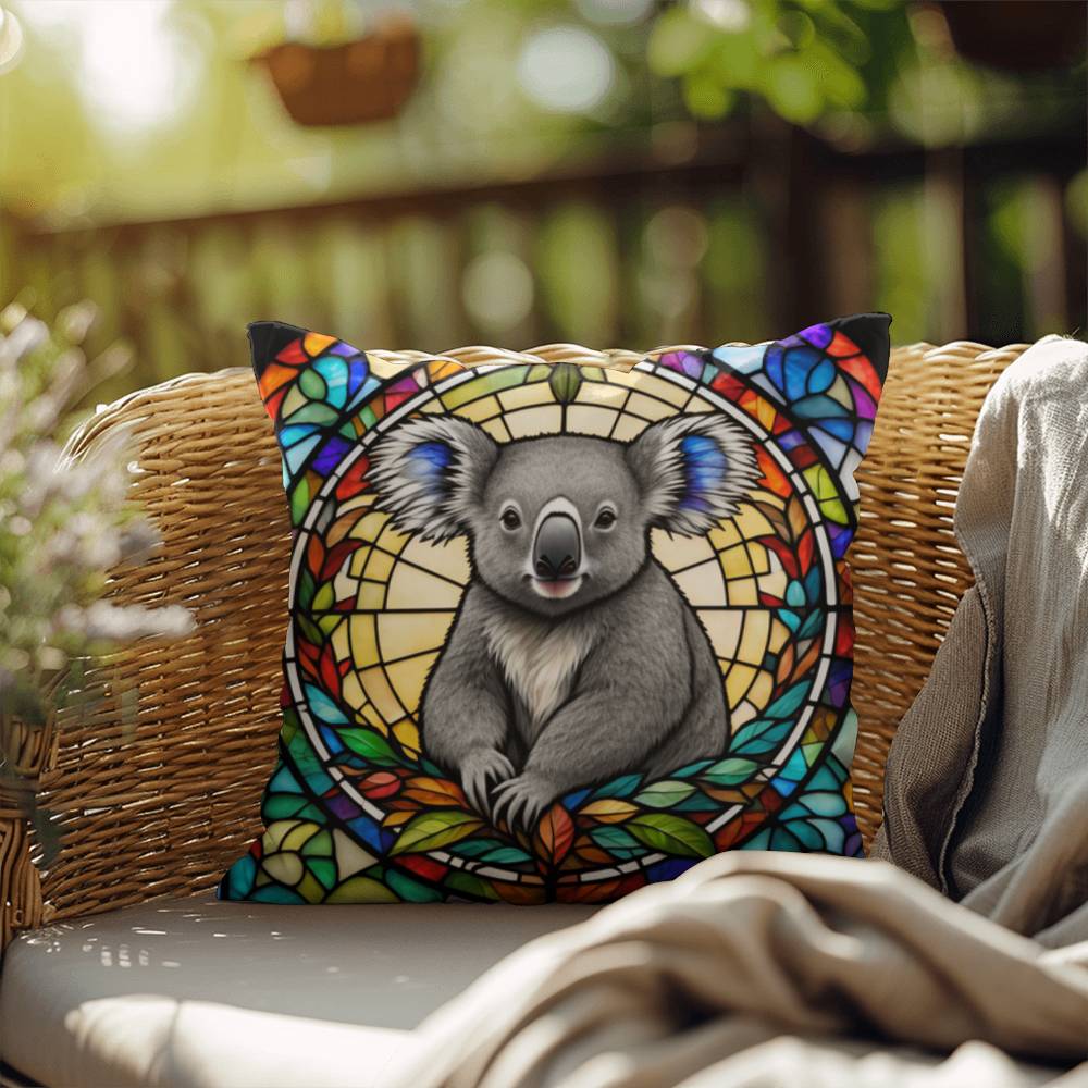 Koala stained glass throw pillow, Australian wildlife decor, indoor outdoor home accent