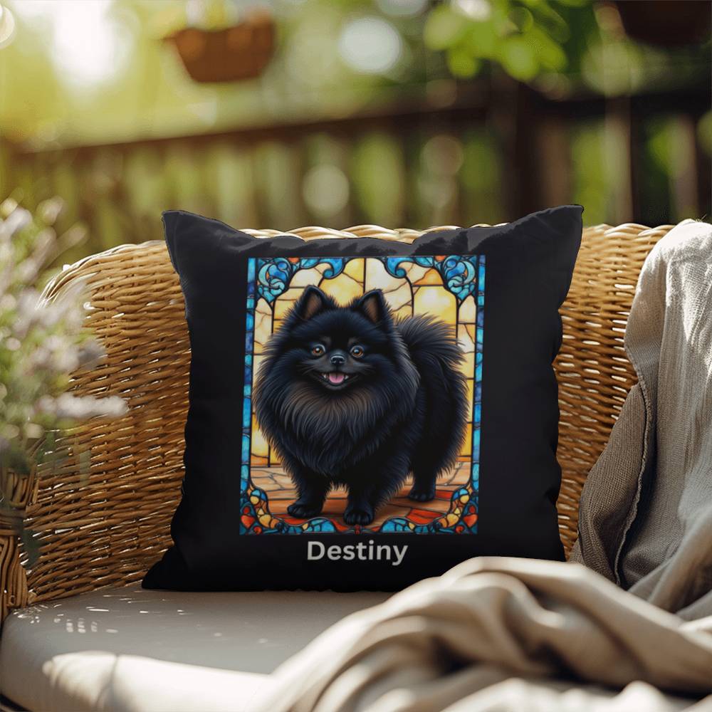 Pomeranian (Black) Indoor/Outdoor Pillow - Personalized Stained Glass Dog Tribute & Comfort Gift
