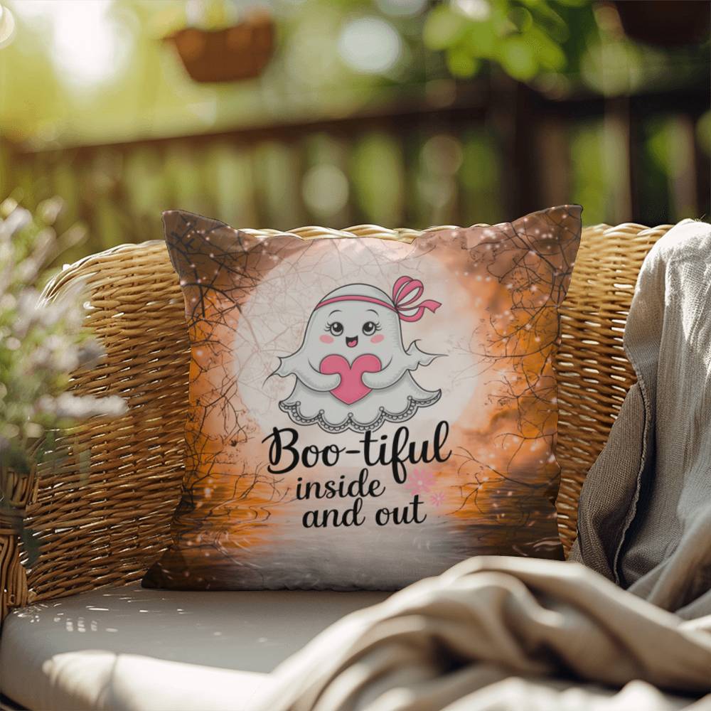 Indoor/outdoor Halloween pillow with “Boo-tiful Inside & Out” promoting positivity and self-love